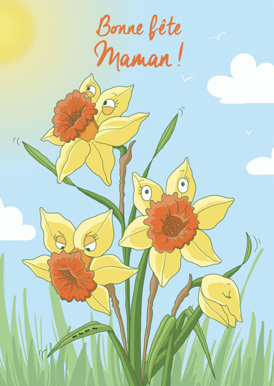 Carte Fête des mères avec des fleurs rigolotes Carte de fête des mères amusante