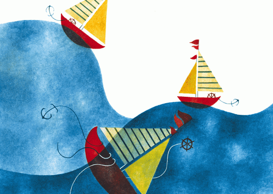 Carte  postale petits bateaux à l`aquarelle Carte postale de Juillet et d'été