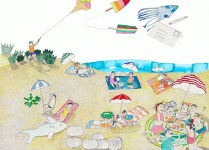 Carte  postale de cerf-volant sur la plage Carte postale de Juillet et d'été