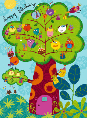 Carte Happy Birthday l`arbre aux oiseaux Carte joyeux anniversaire en plusieurs langues