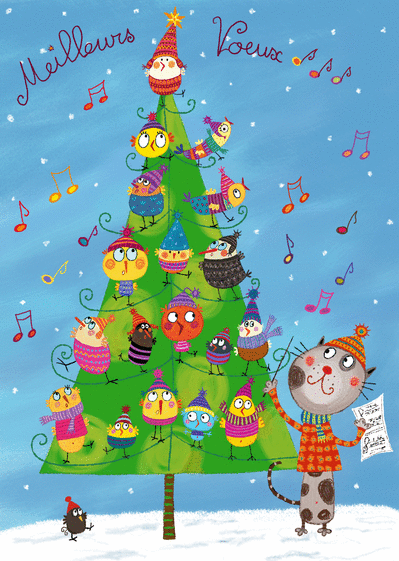 Carte Chant de Noël des oiseaux Carte de Noël enfant