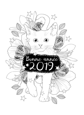Carte Petit Chat De La Bonne Année 2020 à Colorier