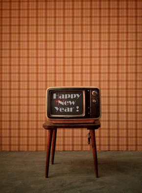 Carte Happy New Year au téléviseur Carte de voeux retro 2024
