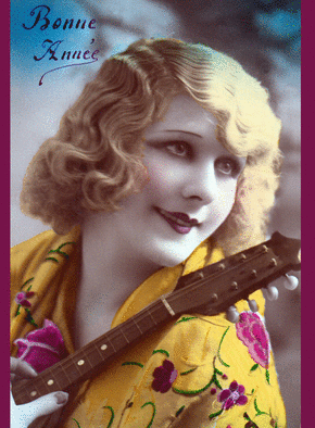 Carte Jeune femme à la guitare Carte de voeux ancienne 2023