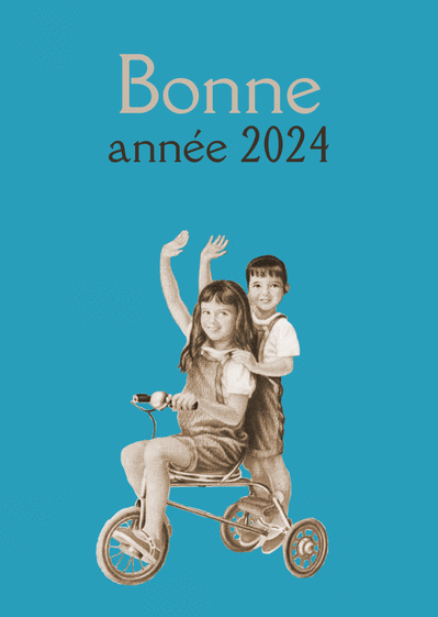 Carte Bonne année 2024 tricycle vintage Carte de voeux retro 2024