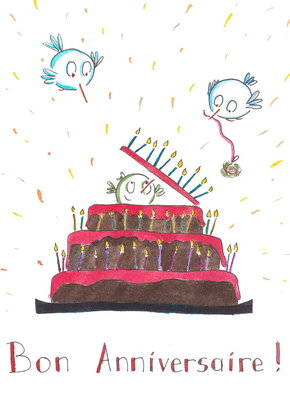 Carte Les oisillons et le gâteau d`anniversaire Carte anniversaire enfant
