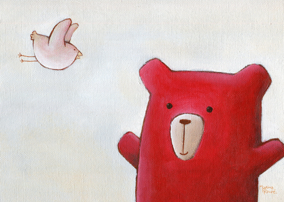 Carte Petit ours rouge et son oiseau Carte de félicitations pour une naissance