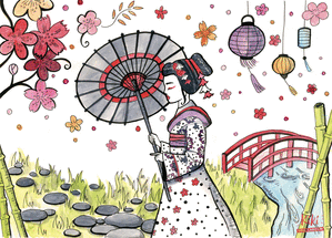 Carte Fleurs de cerisier sur paysage japonais Carte postale de voyage