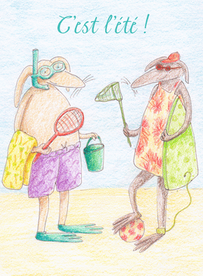 Carte Les lapins en tenue de plage Carte postale de Juillet et d'été