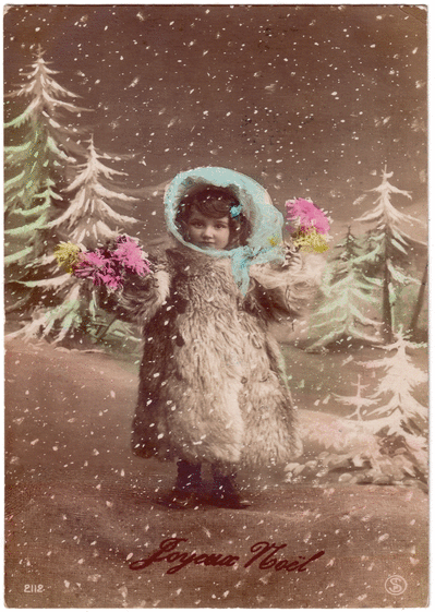 Carte Joyeux noël petite fille sous la neige Carte ancienne Noël