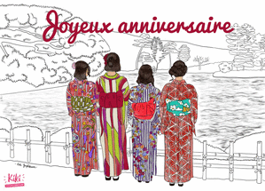 Carte Joyeux anniversaire avec 4 geishas Carte anniversaire