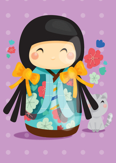 Carte Petite geisha avec son petit chat Carte divers