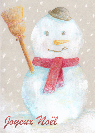 Carte Bonhomme de neige aux crayons de couleur Carte de Noël enfant