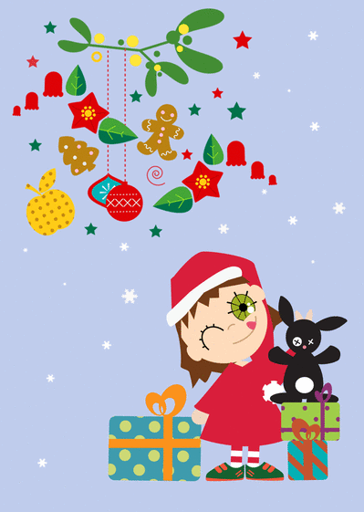 Carte La petite fille et ses cadeaux de Noël Carte de Noël enfant