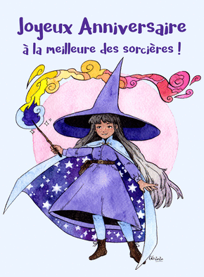 Carte Joyeux anniversaire petite sorcière violette Carte anniversaire enfant