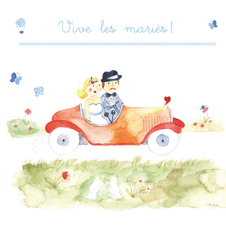 Carte Vive les mariés et petite voiture à l`aquarelle Carte félicitations mariage