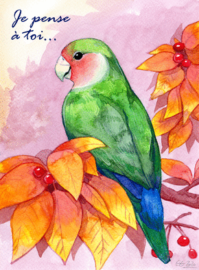 Carte Je pense à toi et perroquet vert bleu Carte avec un oiseau