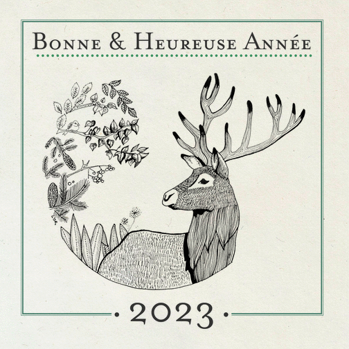 Carte Bonne et heureuse année avec un cerf à l`encre Carte de voeux Nature 2023
