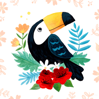 Carte Le toucan sur des fleurs colorées Carte avec un oiseau