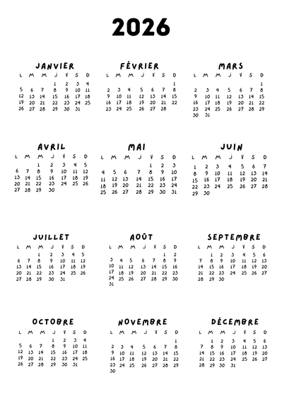 Carte Calendrier 2026 sobre avec design épuré Carte calendrier 2026