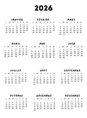 Carte Calendrier 2026 sobre avec design épuré Carte calendrier 2026