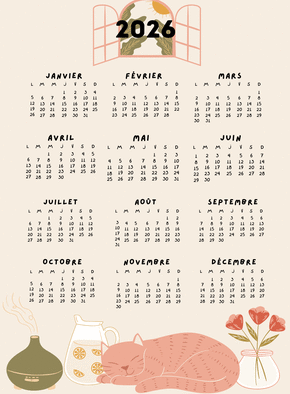 Carte Calendrier 2026 illustration printanière chaleureuse Carte calendrier 2026