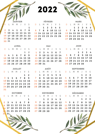 Carte Calendrier 2023 doré Carte calendrier 2023