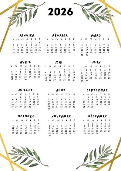 Carte Calendrier 2026 élégant avec feuillage doré Carte calendrier 2026