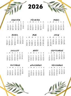 Carte Calendrier 2026 élégant avec feuillage doré Carte calendrier 2026