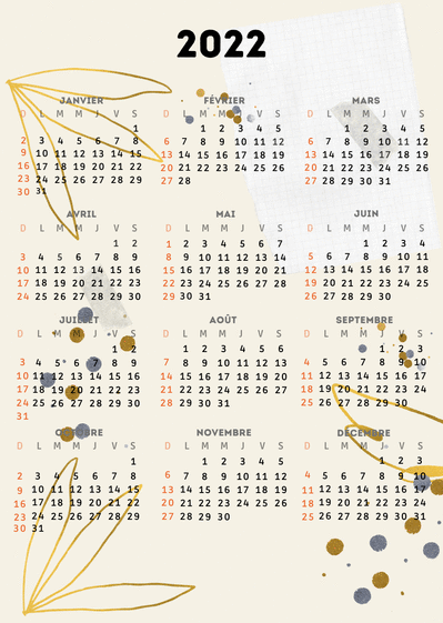 Carte Calendrier 2023 et fleurs dorées Carte calendrier 2023