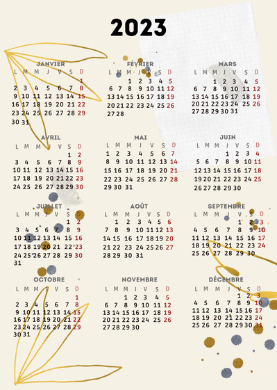 Carte Calendrier 2023 et fleurs dorées Carte calendrier 2023