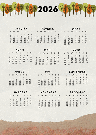Carte Calendrier 2026 avec arbres stylisés d`automne Carte calendrier 2026