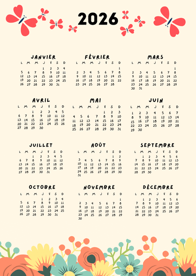 Carte Calendrier 2026 aux papillons colorés Carte calendrier 2026