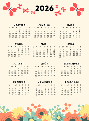 Carte Calendrier 2026 aux papillons colorés Carte calendrier 2026