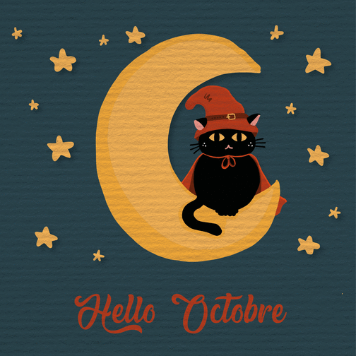 Carte Hello Octobre chat noir sur une lune Carte d'octobre