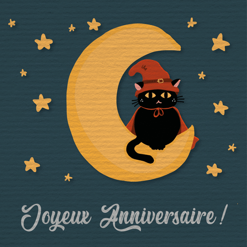 Carte Joyeux anniversaire chat noir sur une lune Carte anniversaire chat