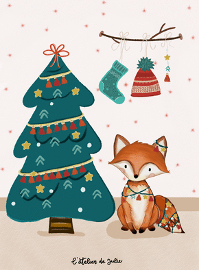 Carte Petit renard au pied du sapin de Noël Carte de noel