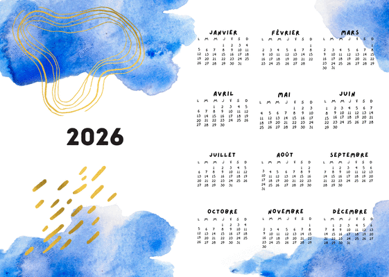 Carte Calendrier 2026 aquarelle bleue élégante Carte calendrier 2026