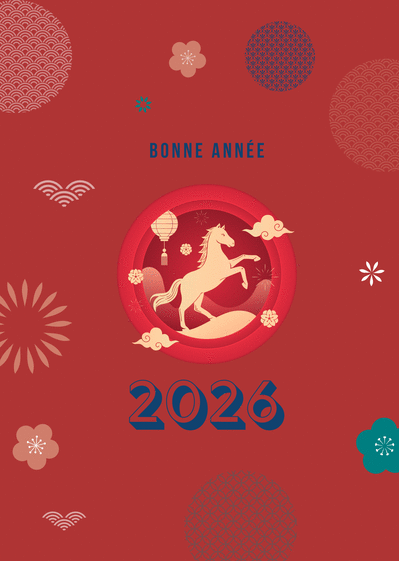 Carte Cheval de feu pour une ann&eacute;e 2026 &eacute;panouie Carte nouvel an chinois 2026