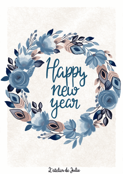 Carte Happy new year dans une couronne de fleurs bleues Carte de voeux 2022 avec des fleurs
