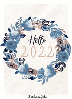 Carte Hello 2022 dans une couronne de fleurs bleues Carte de voeux 2022 avec des fleurs