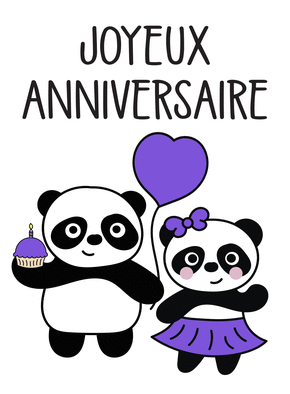 Carte Joyeux anniversaire deux pandas violets Carte anniversaire animaux rigolos