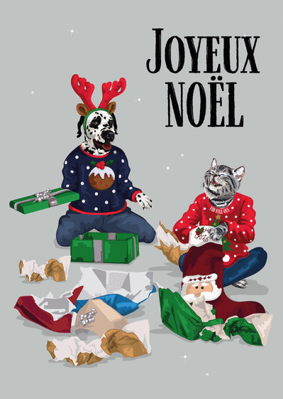 Carte Joyeux Noël du dalmatien et du chat Carte de Noël humour