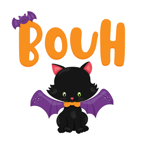 Carte Bouh le petit chat déguisé en chauve souris Carte Halloween pour enfant