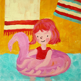 Carte Petite fille dans sa bouée flament rose Carte postale d'août et vacances
