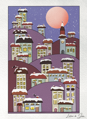 Carte Village de Noël sous la neige Carte ancienne Noël