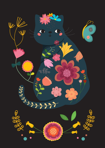 Carte Petit chat avec des fleurs Carte chat et chaton
