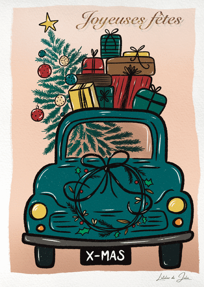 Carte Joyeuses fêtes en voiture vintage Carte de Noël humour