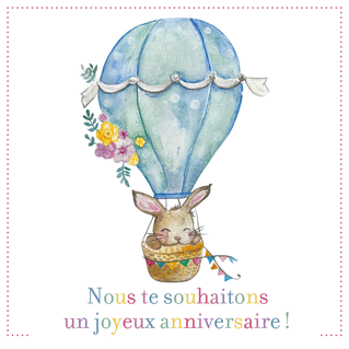 Carte Joyeux anniversaire petit lapin en montgolfière Carte anniversaire enfant