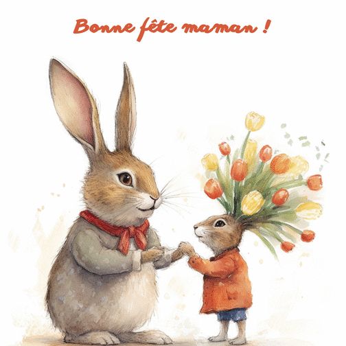 Carte Petit lapin coiffé de fleurs Carte fête des mères avec des animaux